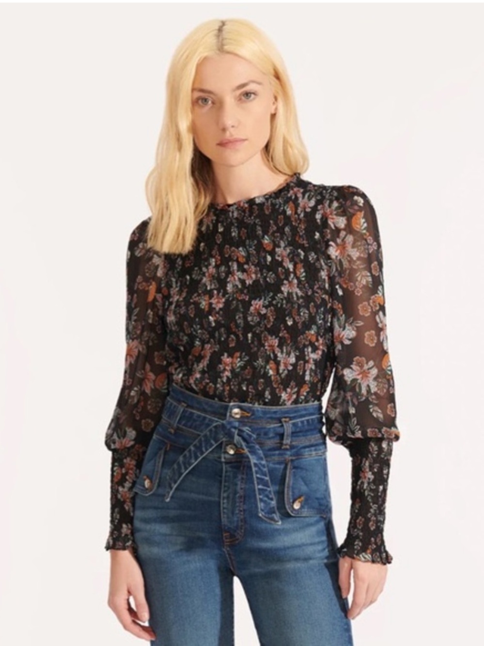 Veronica Beard Faire Smocked Floral Blouse | Black Bishop Sleeve Top | Size 4